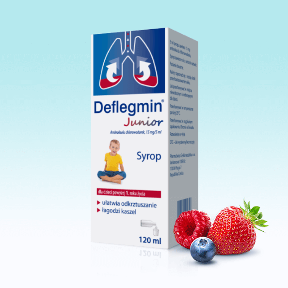 Syrop Deflegmin Junior o smaku owocowym. Ułatwia odkrztuszanie i łagodzi kaszel w chorobach płuc i oskrzeli. Dla dzieci dla dzieci powyżej 1. roku życia