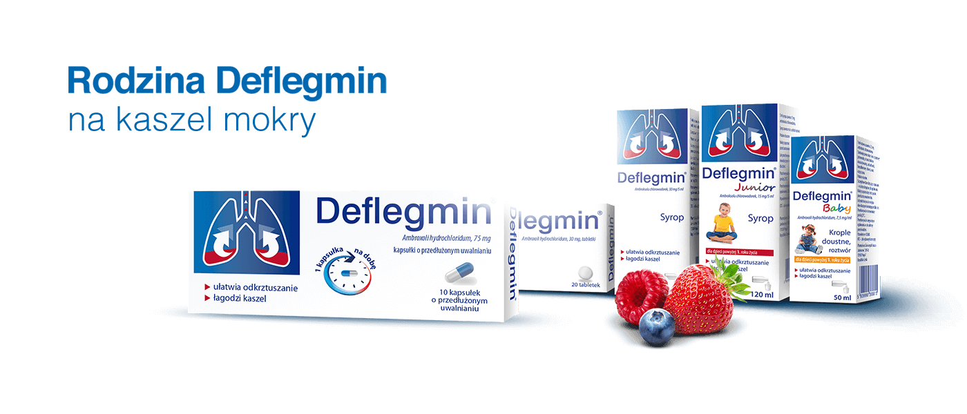 Rodzina Deflegmin – kapsułki, syrop i krople doustne na mokry kaszel. Ułatwiają odkrztuszanie i łagodzą kaszel